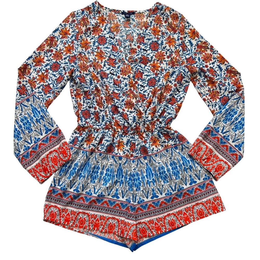 UK2LA Women’s Long Sleeve Wrap Front Romper Multicolored‎ Pattern Boho Sz Small